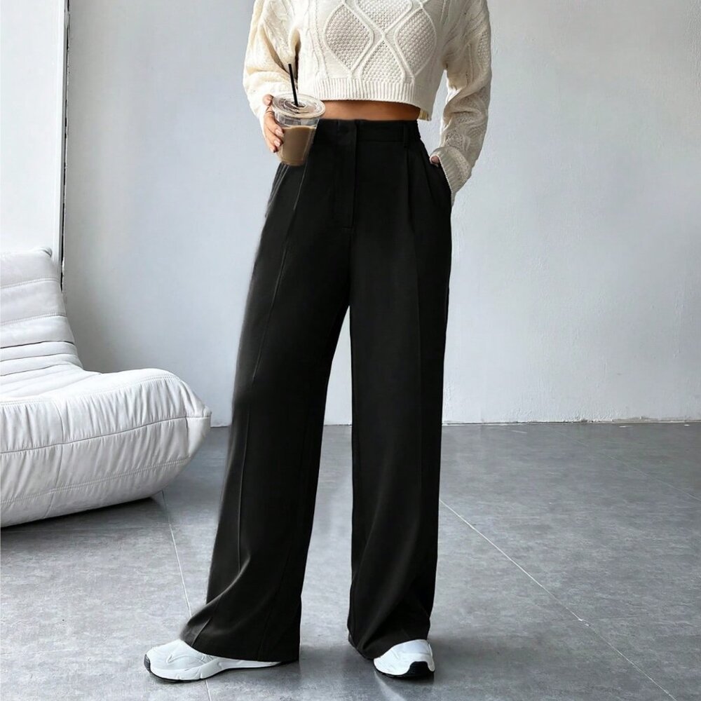 💚 Black High Waist Wide Leg Elegant Trousers – Size M-L - Picture 4 of 11